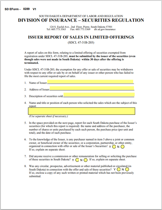 SD- South Dakota Issuer Report of Sales in Limited Offerings Form