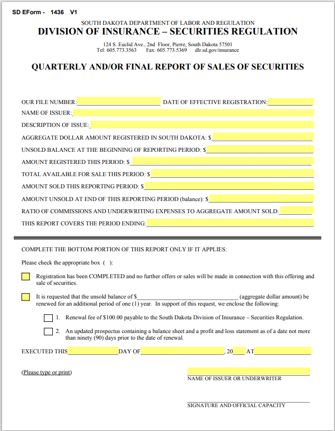 SD- South Dakota Quarterly and/or Final Report of Sales of Securities Form