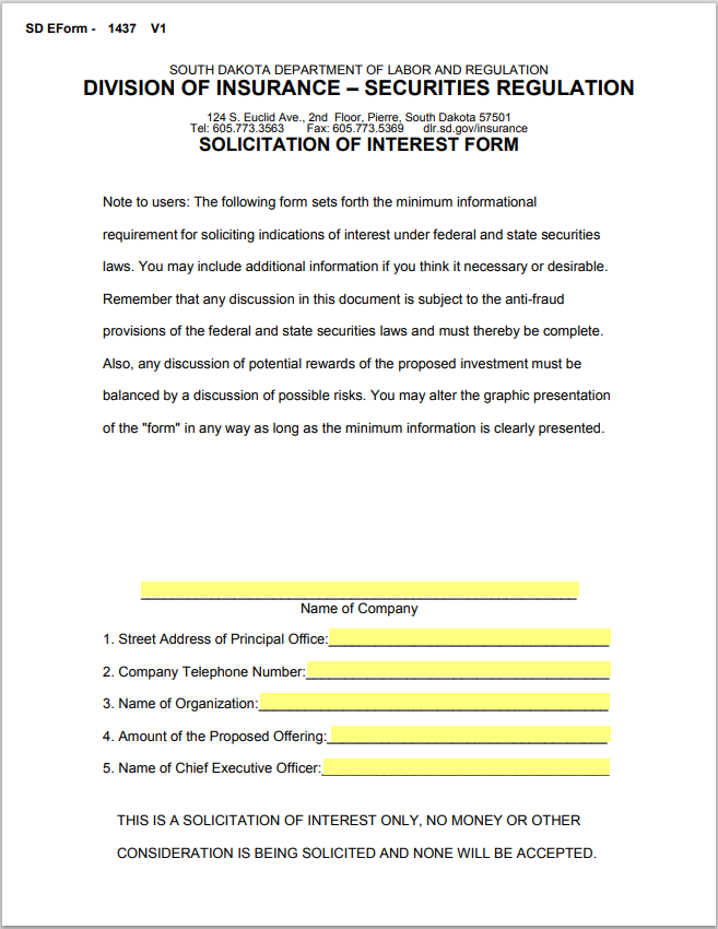 SD- South Dakota Solicitation of Interest Form-SOI