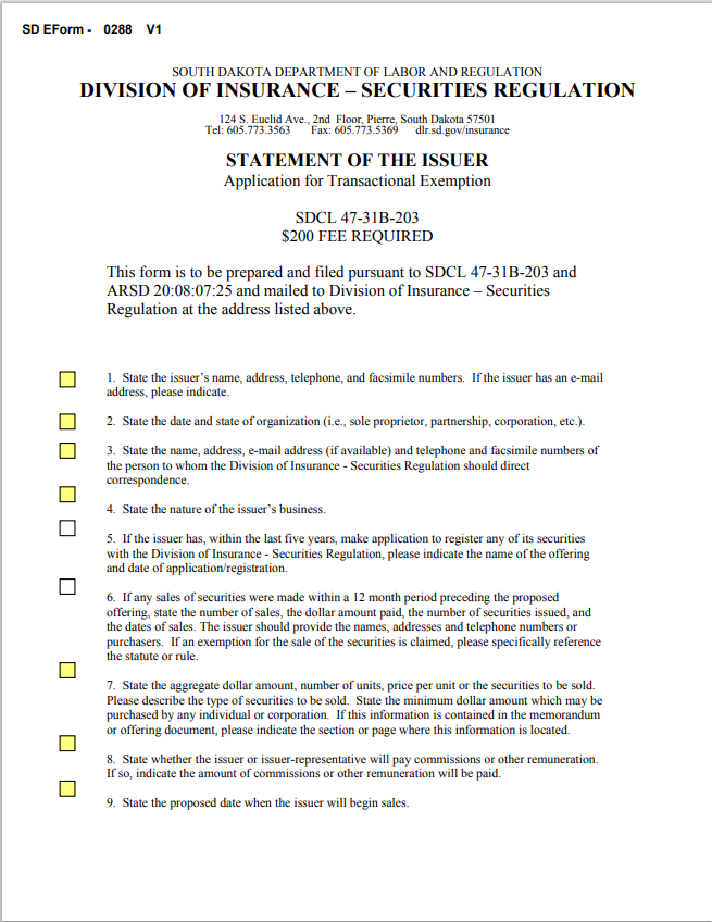 SD- South Dakota Statement of the Issuer Application for Transactional Exemption Form