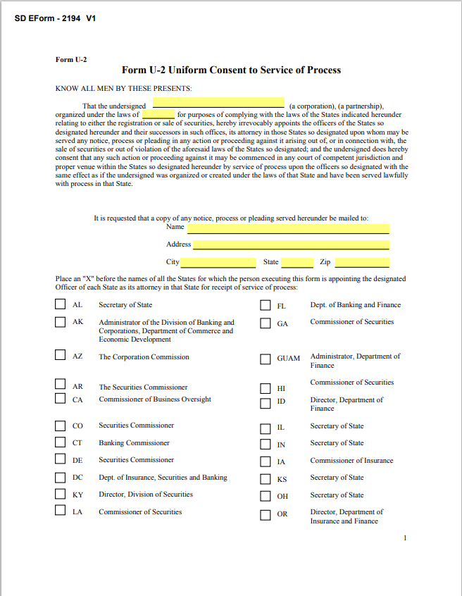 SD- South Dakota Uniform Consent to Service of Process Form U-2