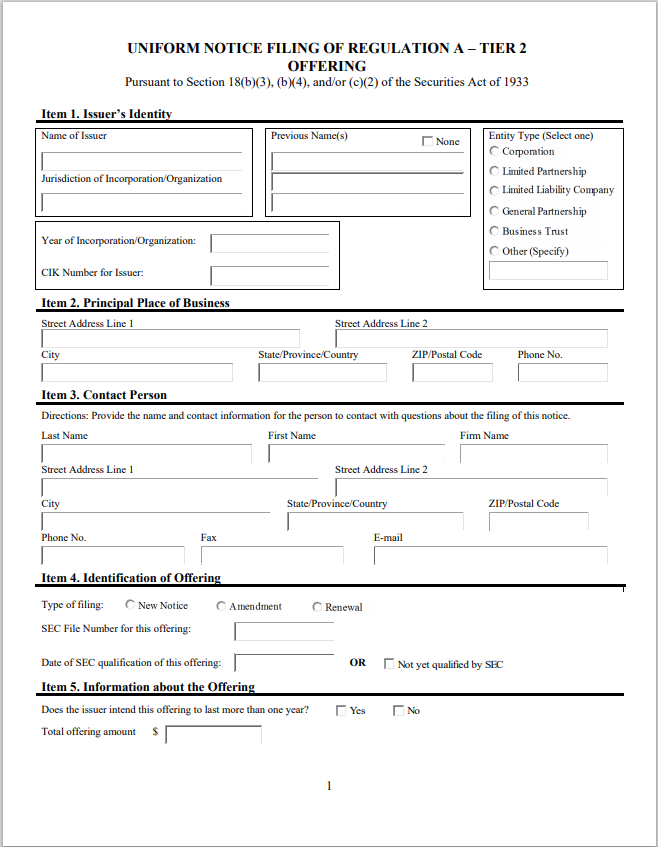 SD- South Dakota Uniform Notice of Filing of Regulation A – Tier 2 Offering Form