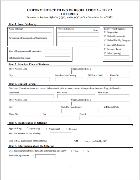 SD- South Dakota Uniform Notice of Filing of Regulation A – Tier 2 Offering Form