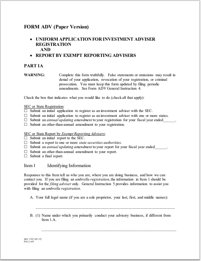 IA- SEC Form ADV Part 1A & Part 1B