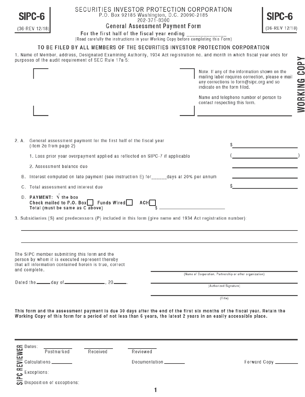 Securities Investor Protection Corp. SIPC-6 General Assessment Payment Form