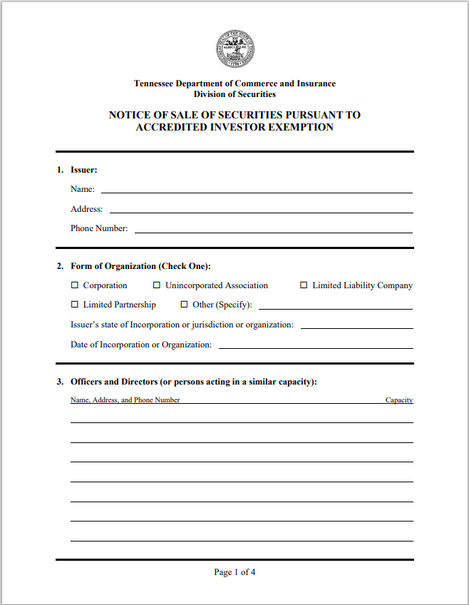 TN- Tennessee Accredited Investor Exemption Notice Form IN-1460