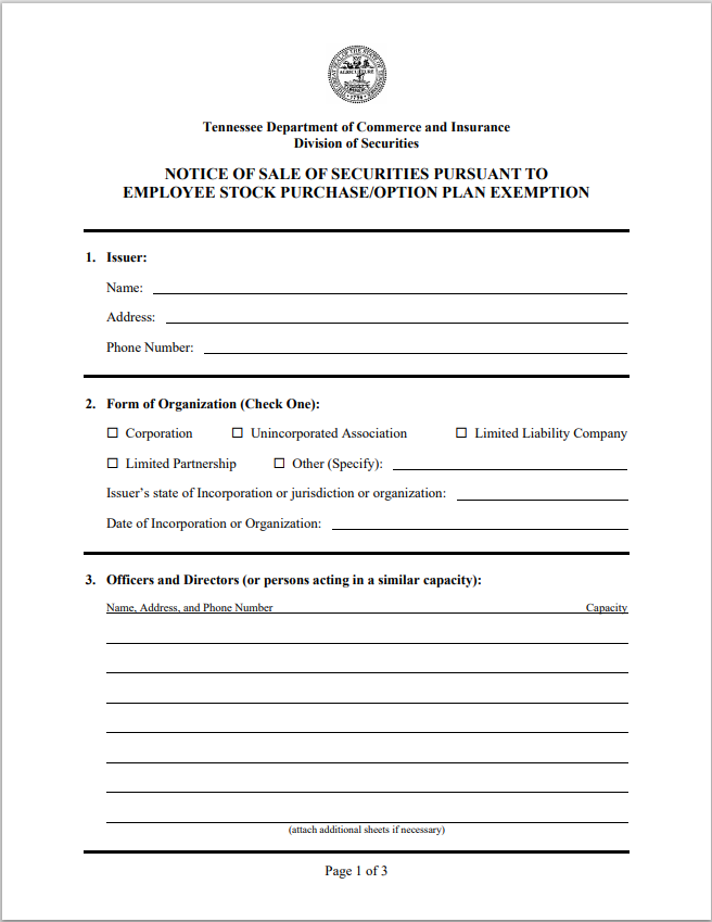 TN- Tennessee Employer Purchase – Option Plan Exemption Notice Form IN-1461