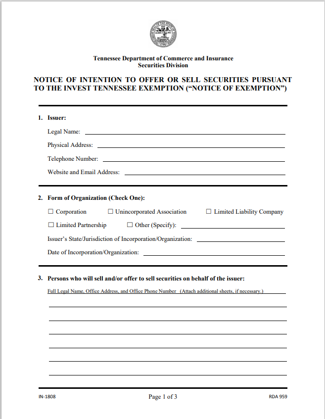 TN- Tennessee Invest Tennessee Exemption Notice Form IN-1808