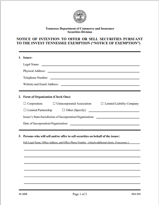 TN- Tennessee Invest Tennessee Exemption Notice Form IN-1808