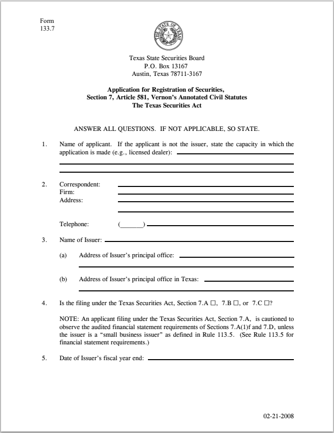 TX- Texas Application for Registration of Securities Form 133.7