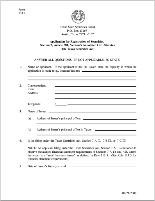 TX- Texas Application for Registration of Securities Form 133.7