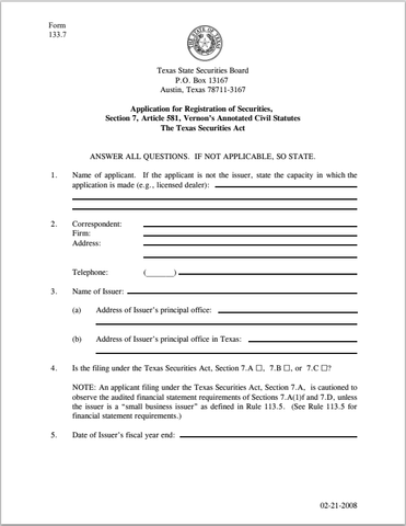 TX- Texas Application for Registration of Securities Form 133.7