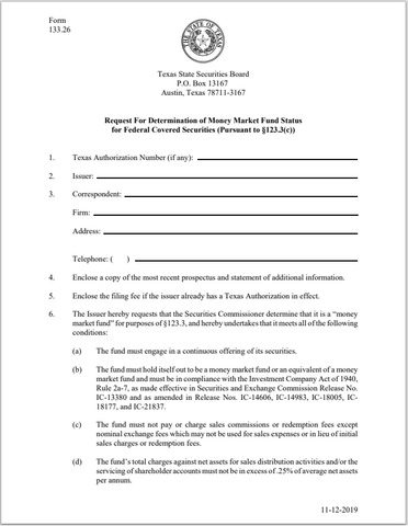 TX- Texas Request for Determination of Money Market Fund Status for Federal Covered Securities Form 133.26