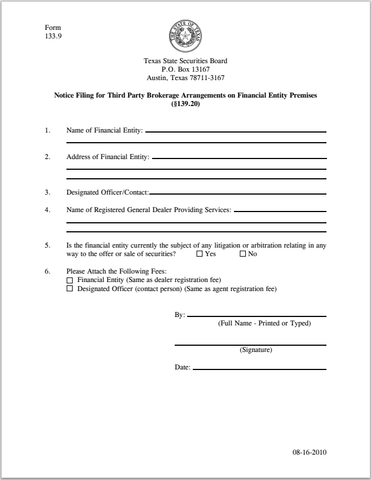 TX- Texas Third Party Brokerage Arrangements on Financial Entity Premises Form 133.9