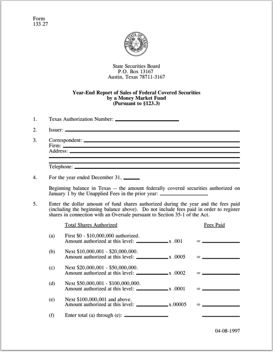 TX- Texas Year-End Report of Sales of Federal Covered Securities by a Money Market Fund Form 133.27