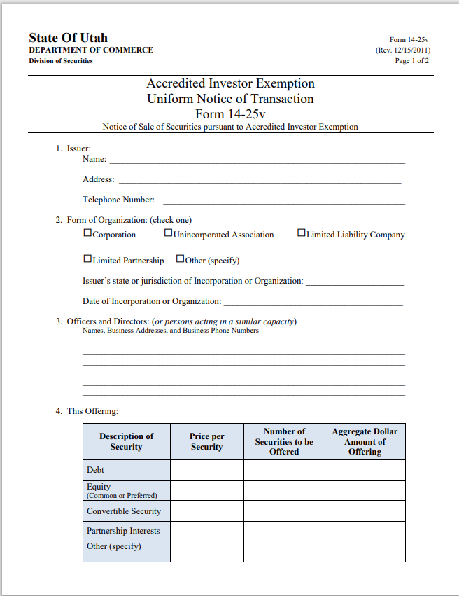 UT- Utah Accredited Investor Exemption Form 14-25v