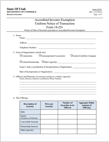 UT- Utah Accredited Investor Exemption Form 14-25v