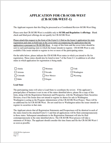 UT- Utah Application for Coordinated Review – SCOR West Filing Form