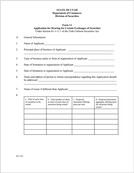 UT- Utah Application for Hearing for Certain Exchanges of Securities Form-11