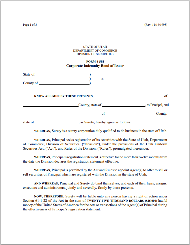 UT- Utah Corporate Indemnity Bond of Issuer Form 4-5BI