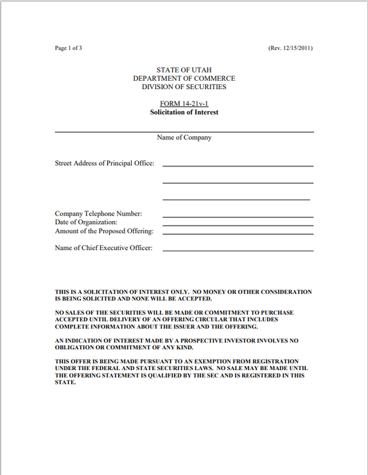 UT- Utah Securities Solicitation of Interest Form 14-21v