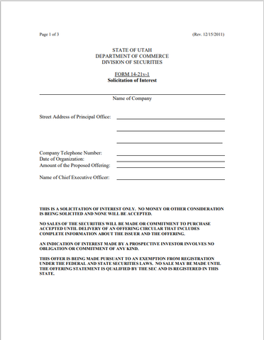 UT- Utah Securities Solicitation of Interest Form 14-21v