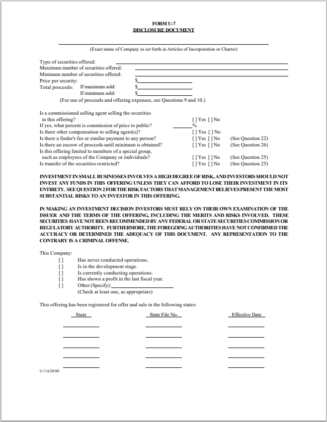 UT- Utah Small Company Offering Registration - SCOR Form U-7