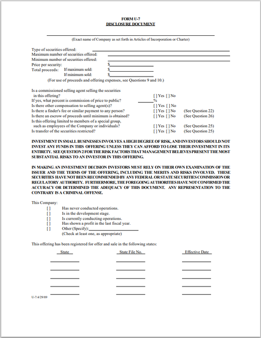 UT- Utah Small Company Offering Registration - SCOR Form U-7