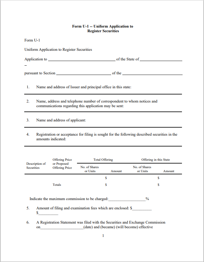 UT- Utah Uniform Application to Register Securities Form U-1