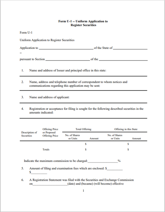 UT- Utah Uniform Application to Register Securities Form U-1