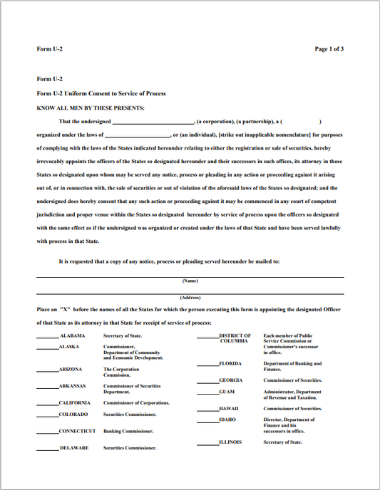 UT- Utah Uniform Consent to Service of Process Form U-2