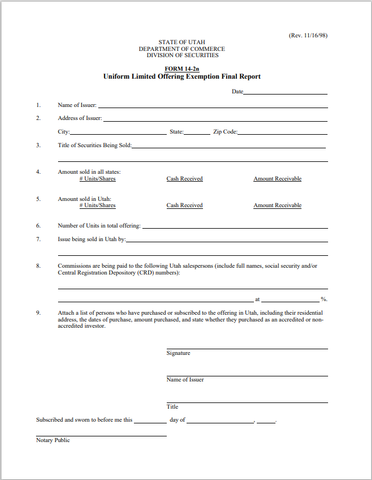 UT- Utah Uniform Limited Offering Exemption – Final Report Form 14-2n