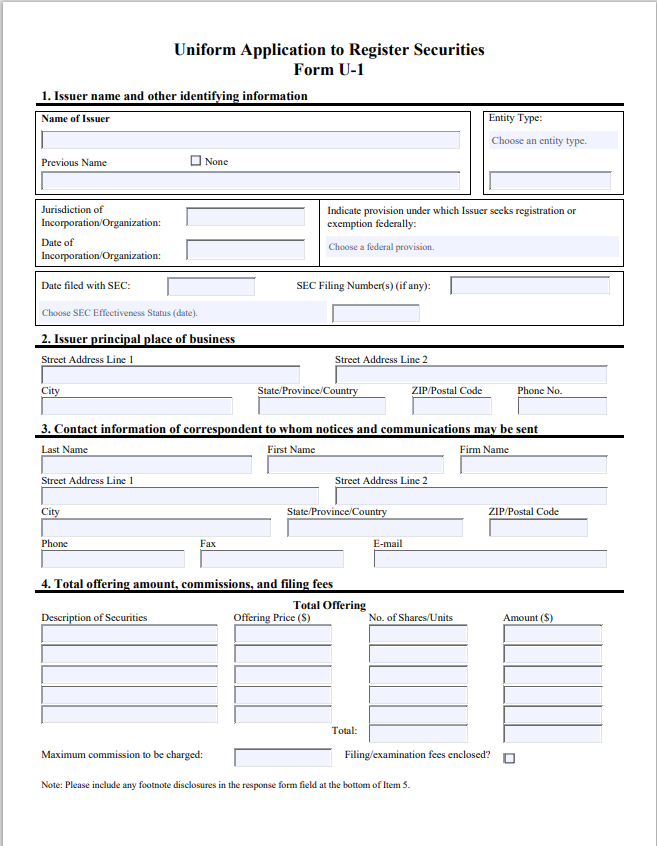 VT- Vermont Uniform Application to Register Securities Form U-1