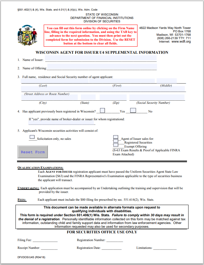 WI- Wisconsin Agent of Issuer U4 Supplemental Information Form