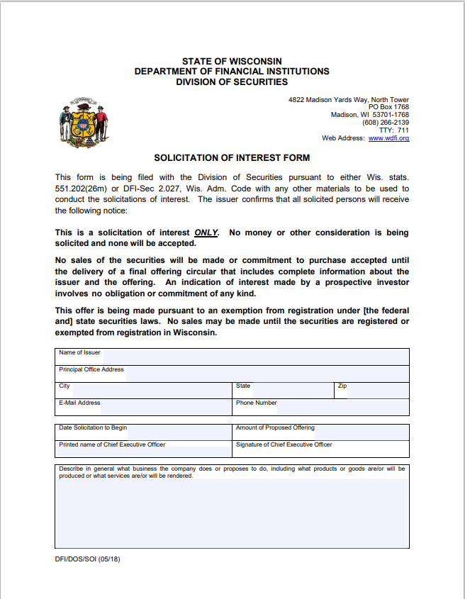 WI- Wisconsin Securities Solicitation of Interest Form-SOI