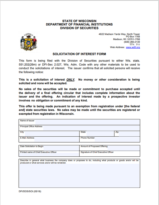 WI- Wisconsin Securities Solicitation of Interest Form-SOI