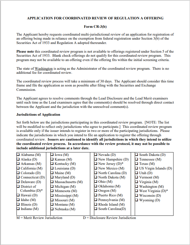 WV- West Virginia Application of Coordinated Review of Regulation A Offering Form CR-3(b)