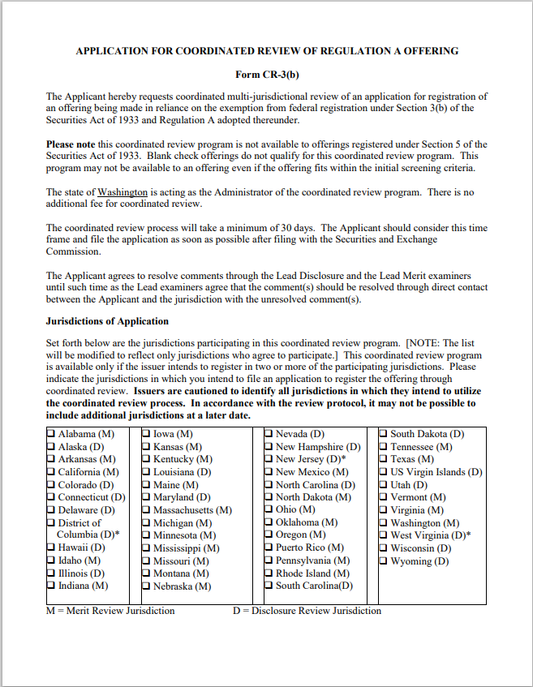 WV- West Virginia Application of Coordinated Review of Regulation A Offering Form CR-3(b)