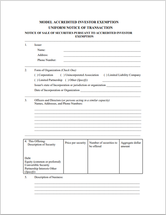 WV- West Virginia Model Accredited Investor Exemption Form