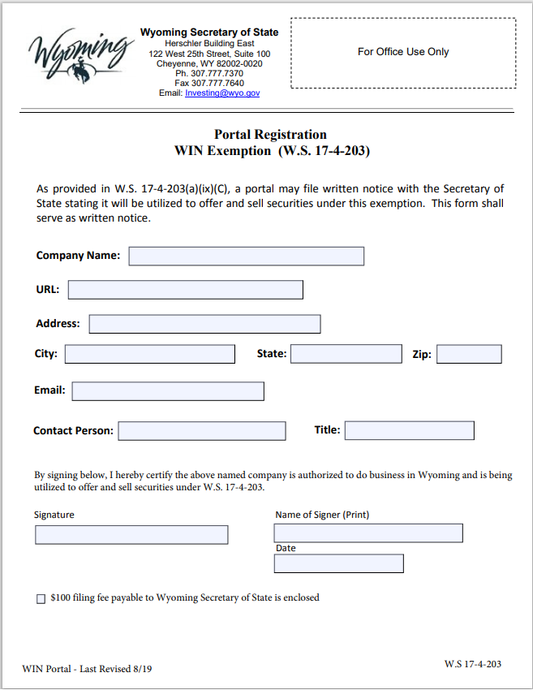 WY- Wyoming Crowdfunding Portal Registration WIN Exemption Form