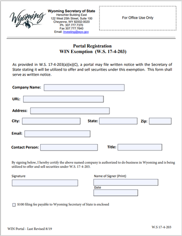 WY- Wyoming Crowdfunding Portal Registration WIN Exemption Form