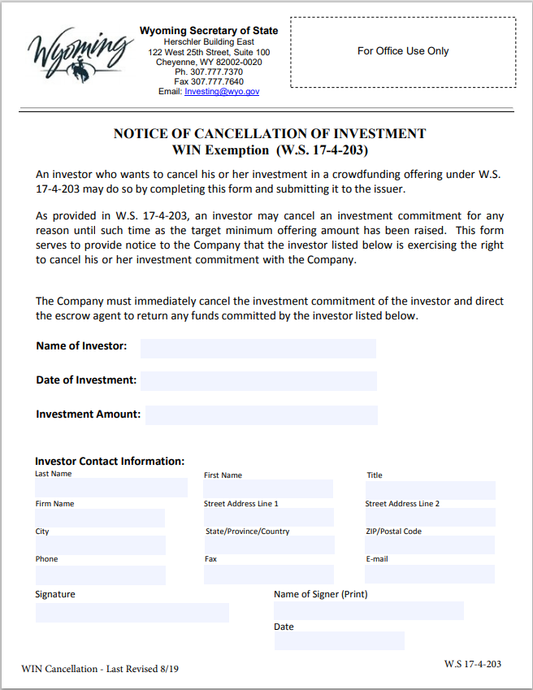 WY- Wyoming Notice of Crowdfunding Investment Cancelation Form