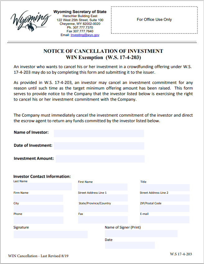 WY- Wyoming Notice of Crowdfunding Investment Cancelation Form