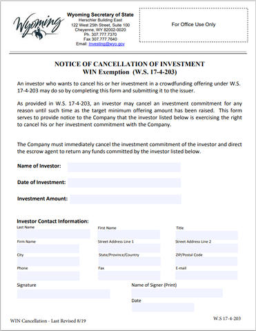 WY- Wyoming Notice of Crowdfunding Investment Cancelation Form